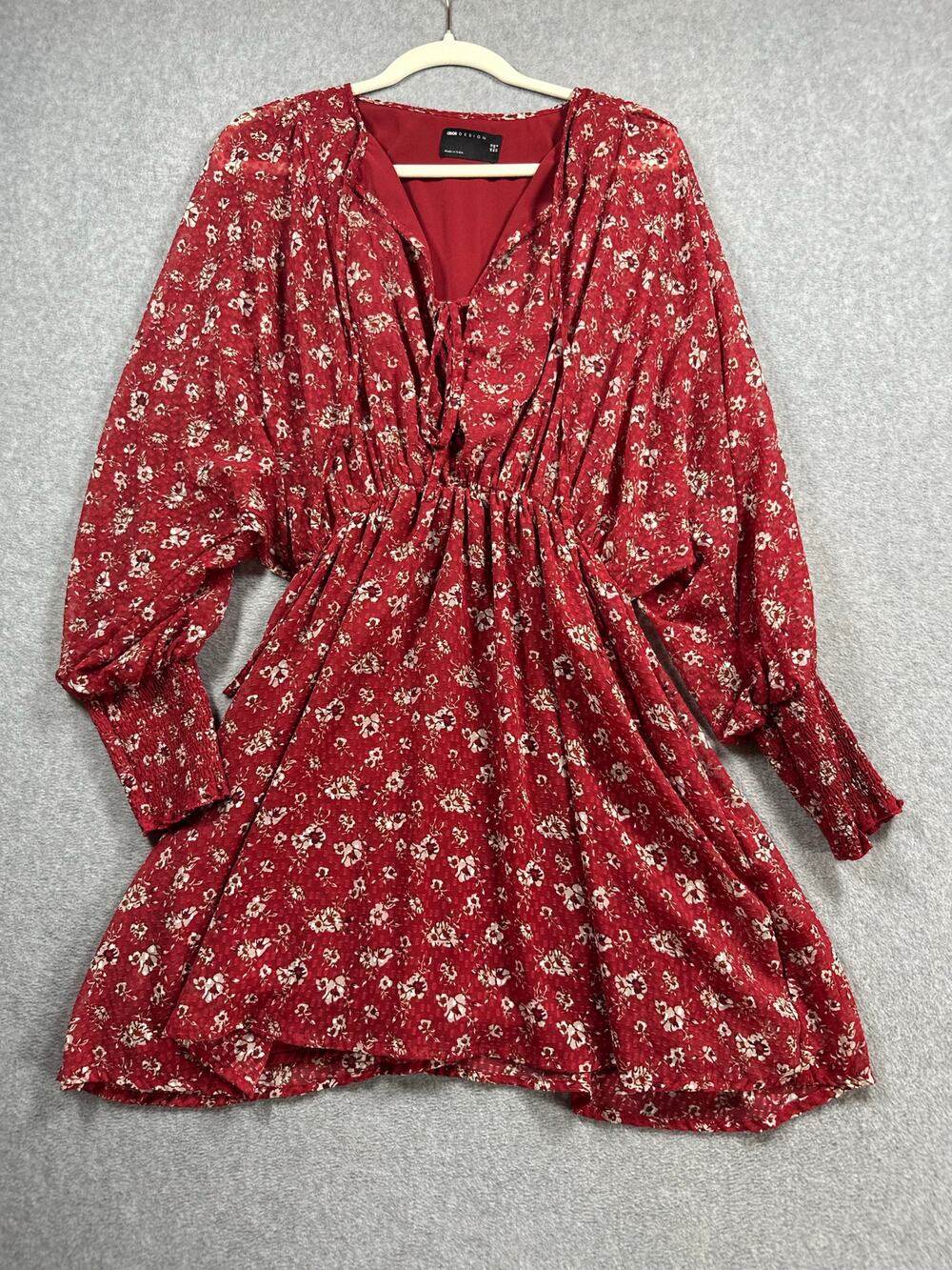 Asos Aboodi Dress Size 6 Red Floral Tie Split Neck Wide Crossover Casual Party